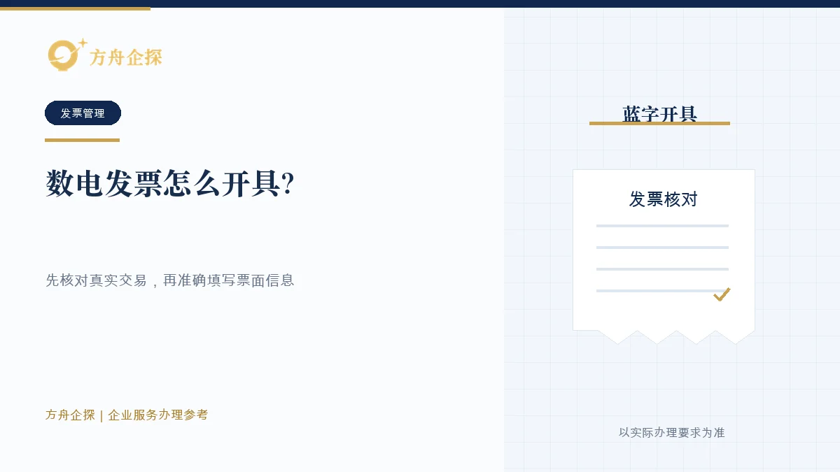 企业核对真实交易、购买方、项目、价税口径和开票权限后开具蓝字数电发票的示意图