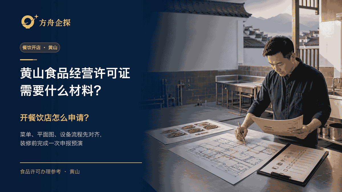 黄山餐饮店负责人根据菜单、厨房平面图和设备清单准备食品经营许可材料的封面